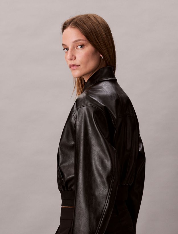 Cropped Faux Leather Bomber Jacket