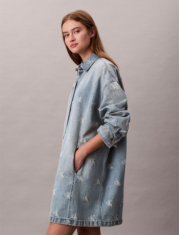 Distressed Logo Denim Shirt Dress