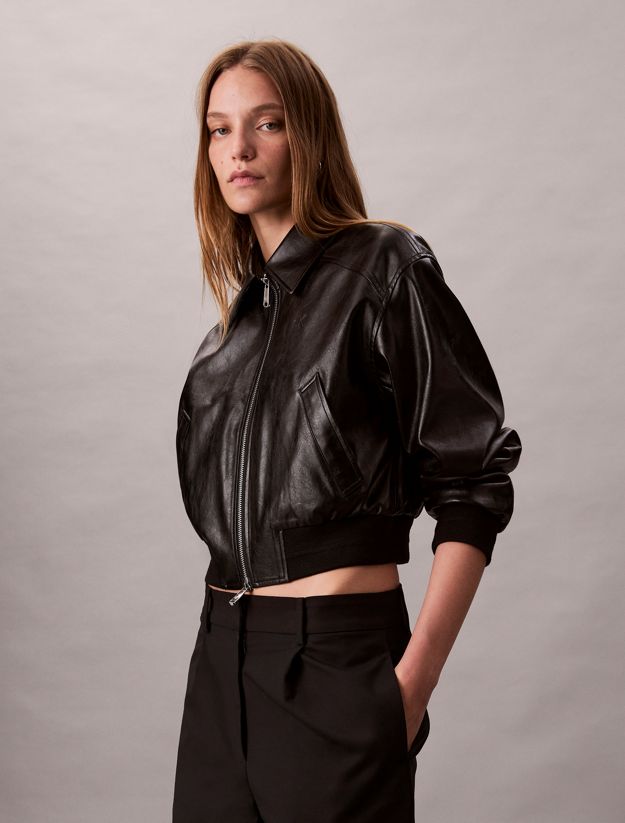 Cropped Faux Leather Bomber Jacket
