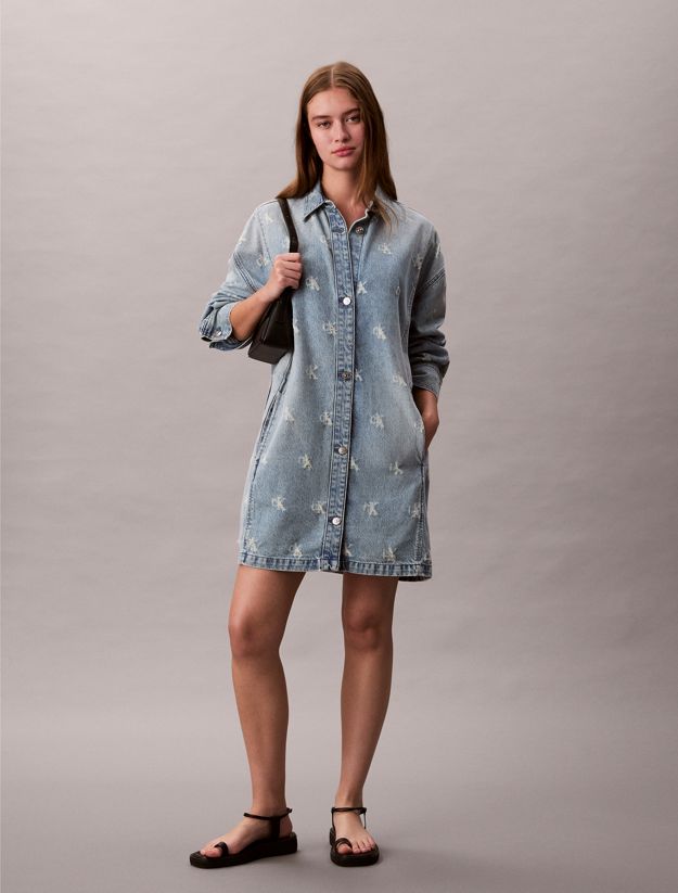 Distressed Logo Denim Shirt Dress