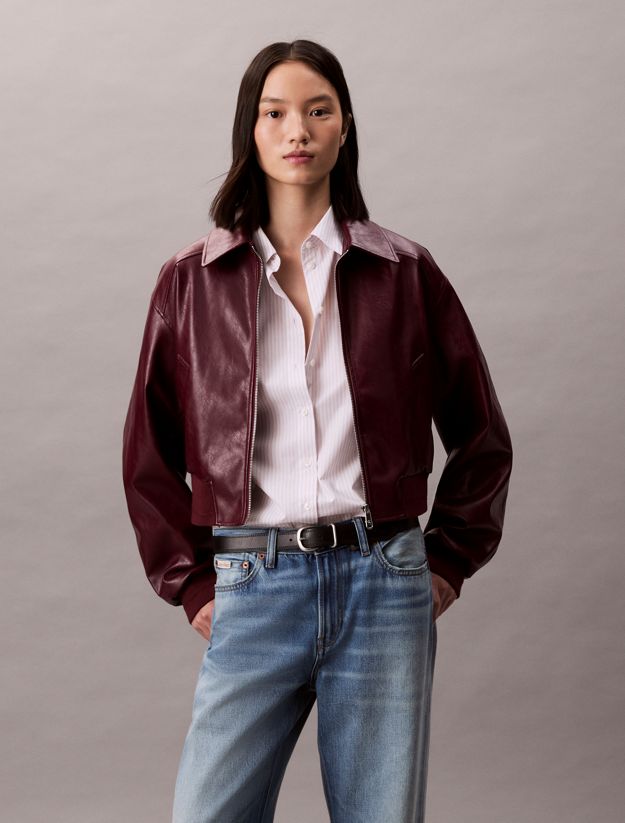 Cropped Faux Leather Bomber Jacket