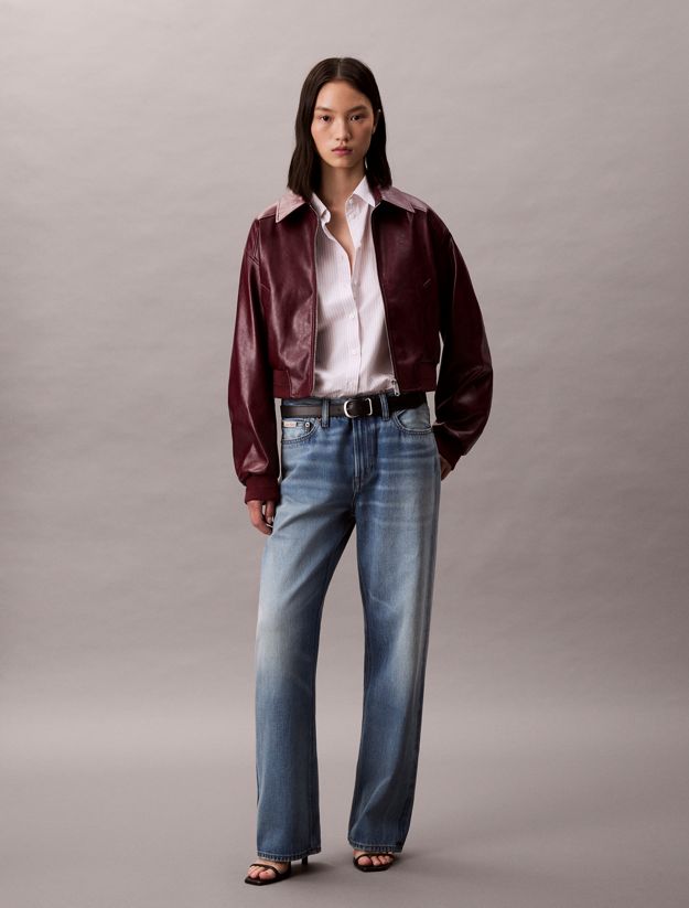 Cropped Faux Leather Bomber Jacket