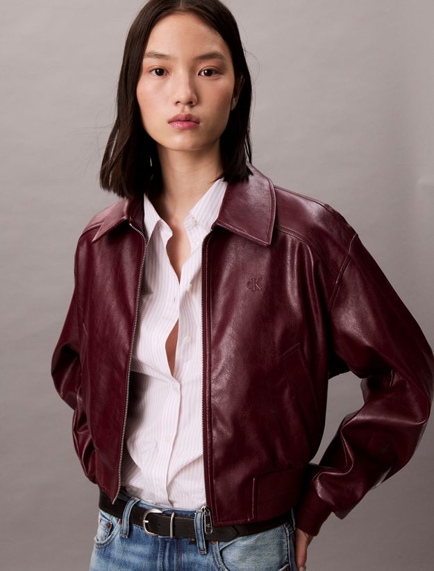 Cropped Faux Leather Bomber Jacket