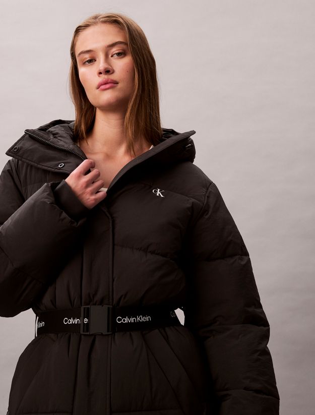 Logo Belt Hooded Puffer Coat
