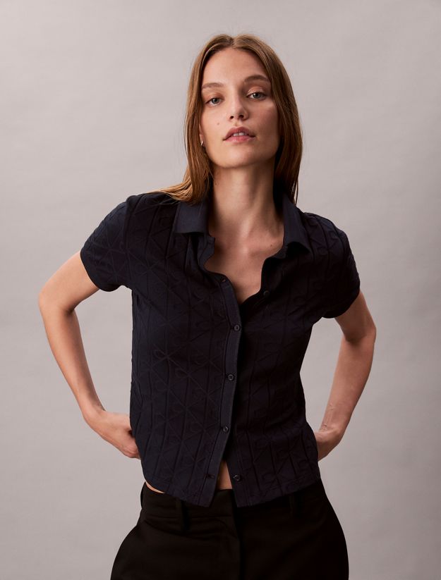 Allover Monogram Logo Jacquard Polo Top