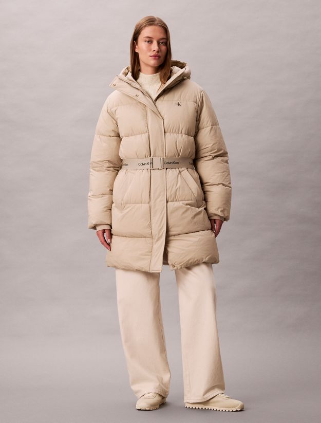 Logo Belt Hooded Puffer Coat