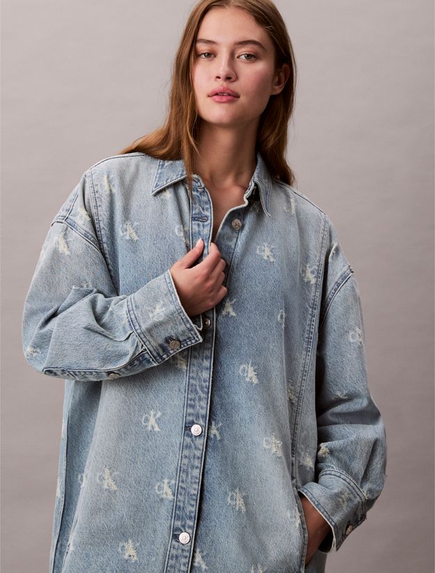 Distressed Logo Denim Shirt Dress