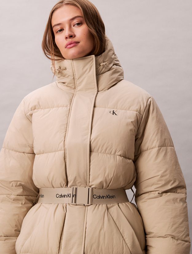 Logo Belt Hooded Puffer Coat