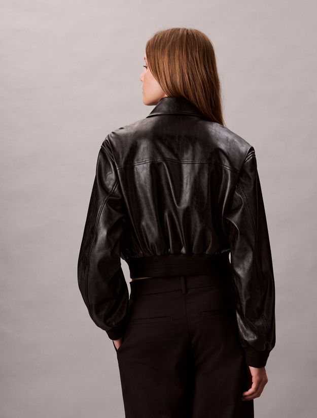 Cropped Faux Leather Bomber Jacket