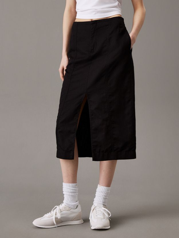 Cotton Linen Twill Midi Skirt