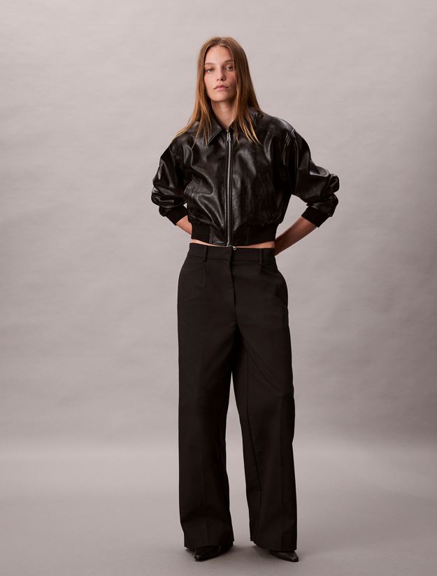 Cropped Faux Leather Bomber Jacket