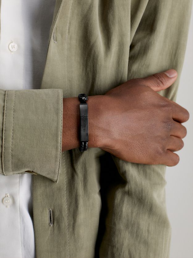 Metal Logo Plaque Leather Bracelet