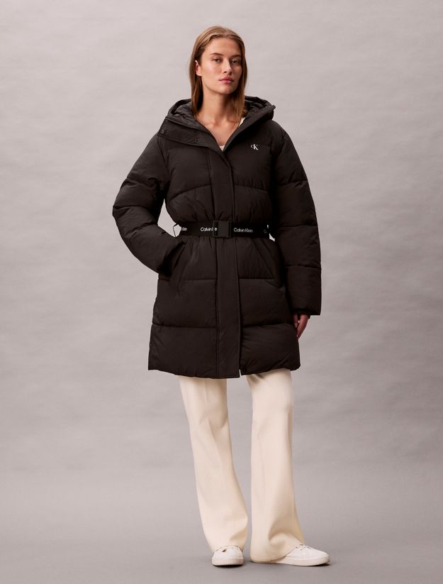 Logo Belt Hooded Puffer Coat