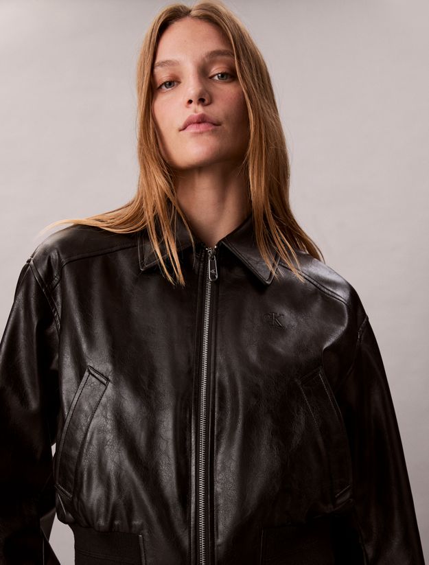 Cropped Faux Leather Bomber Jacket