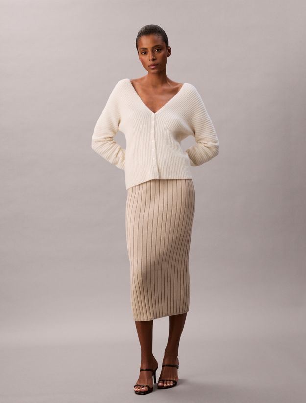 Ribbed Knit Cotton Midi Skirt