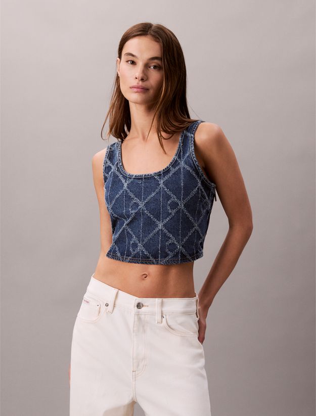 Denim Allover Monogram Cropped Tank Top