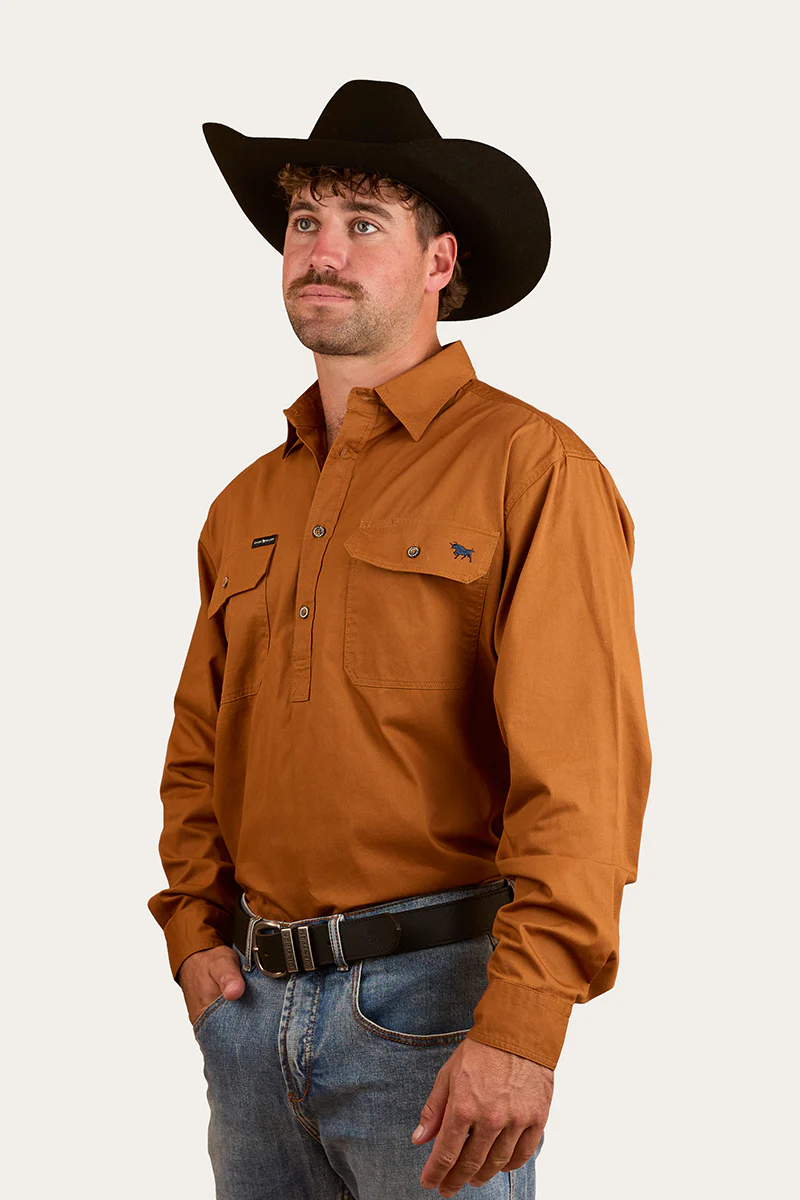 King River Mens Half Button Work Shirt - Tobacco