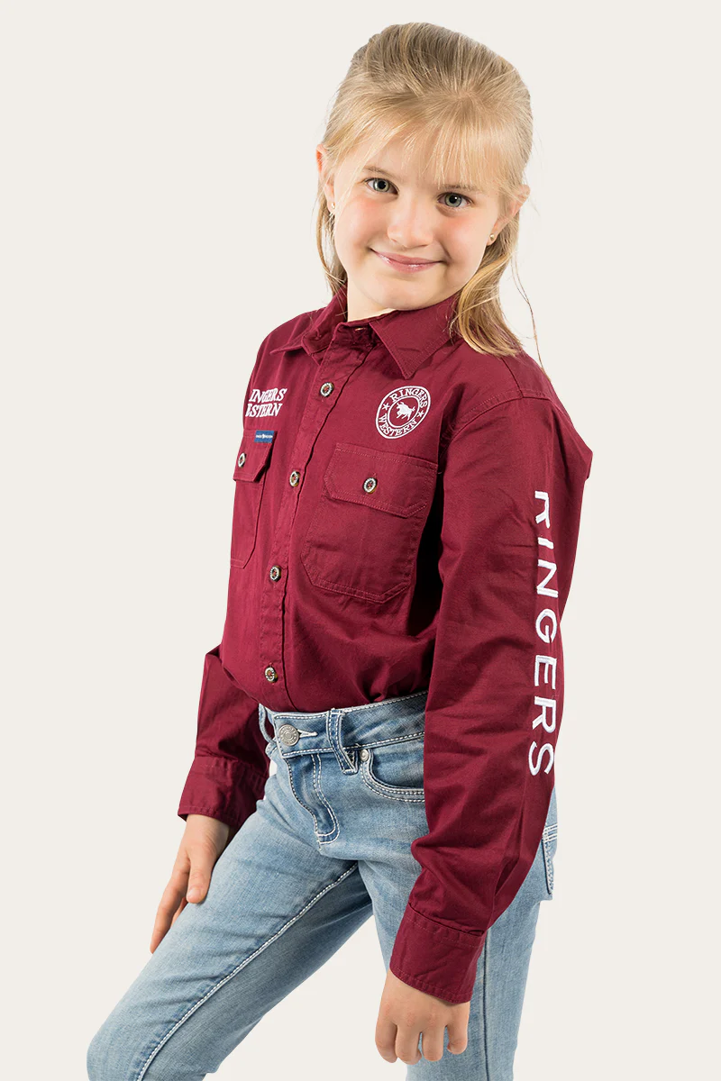 Jackaroo Kids Full Button Work Shirt - Burgundy/White