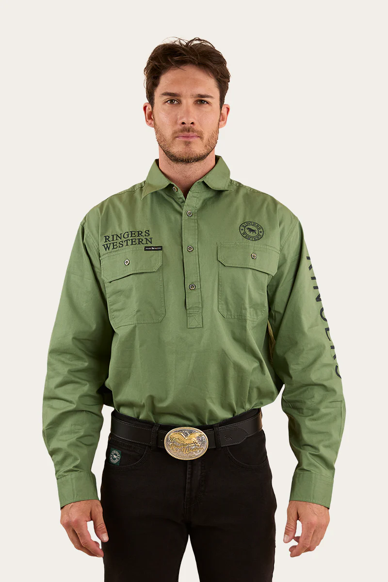 Hawkeye Mens Half Button Work Shirt - Cactus / Charcoal