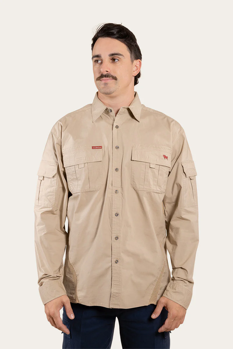 Pilbara Mens Ripstop Full Button Work Shirt - Camel