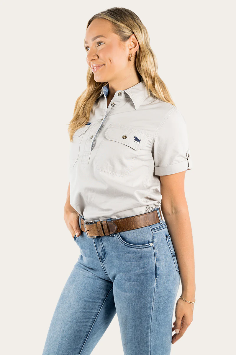 Jules Womens Half Button Short Sleeve Work Shirt - Beige