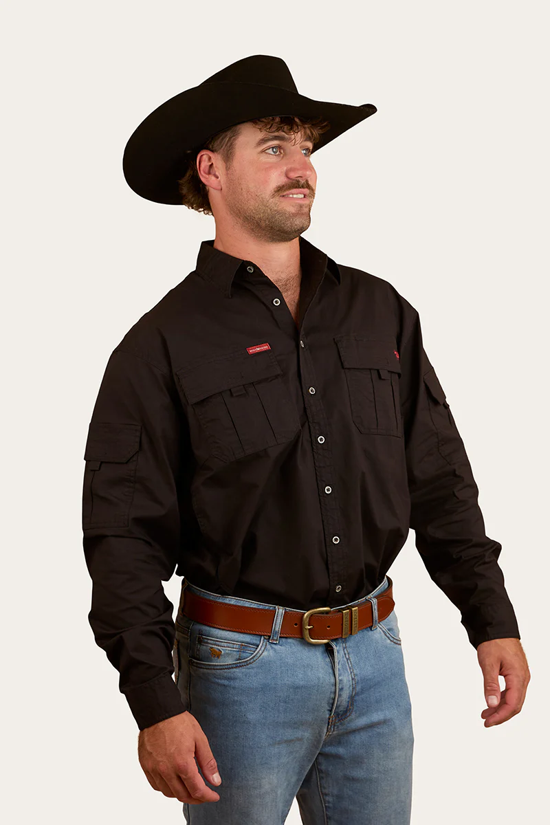 Pilbara Mens Ripstop Full Button Work Shirt - Black