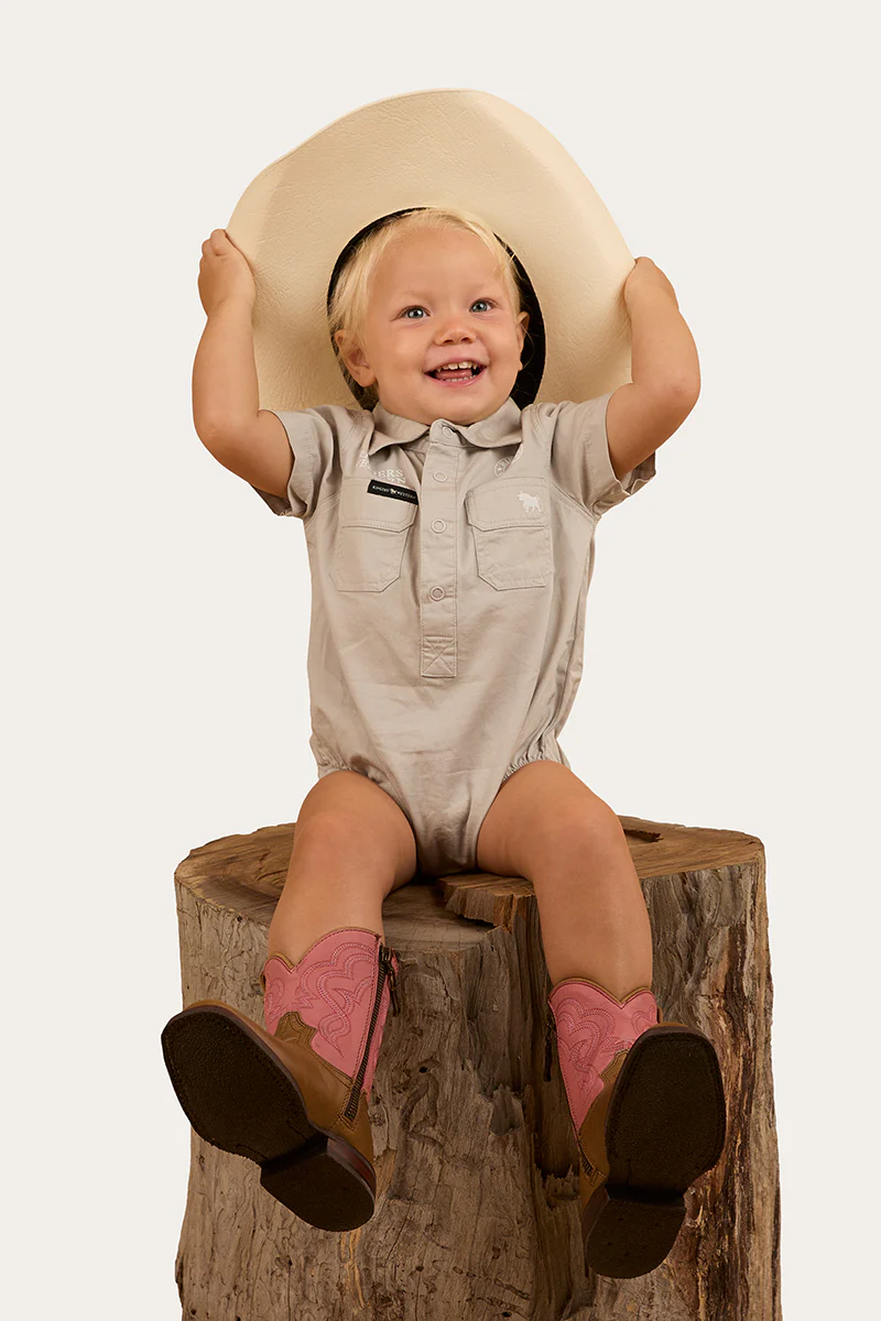 Ringers Babies Short Sleeve Work Shirt Romper - Beige
