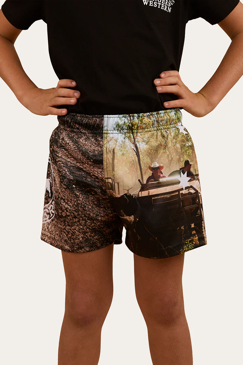 Out Bush Kids Footy Shorts - Black / Multi