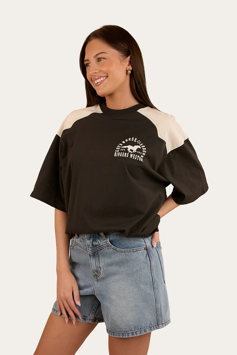 Lets Horse Around Womens Oversized T-Shirt - Washed Black / Off White