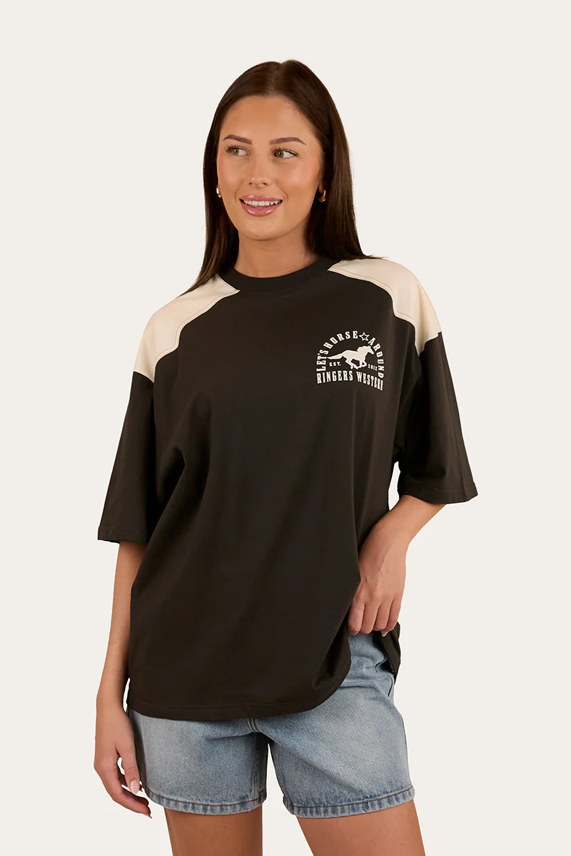Lets Horse Around Womens Oversized T-Shirt - Washed Black / Off White