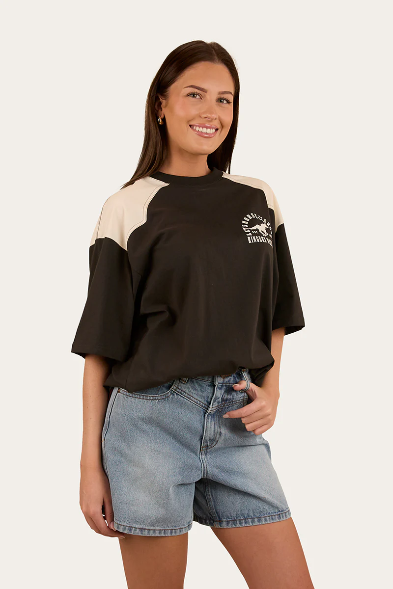 Lets Horse Around Womens Oversized T-Shirt - Washed Black / Off White