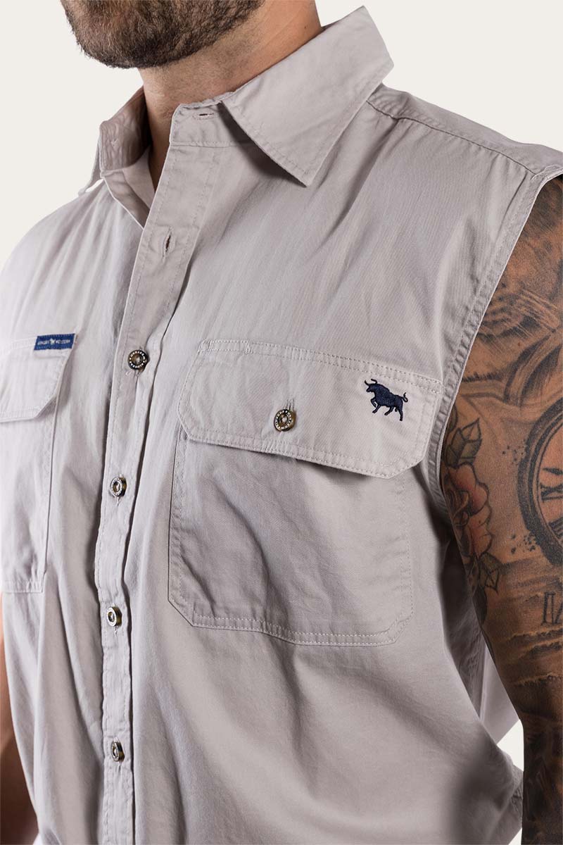 Rob Roy Mens Sleeveless Full Button Work Shirt - Beige