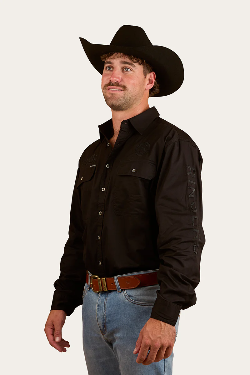 Hawkeye Mens Full Button Work Shirt - Black/Black