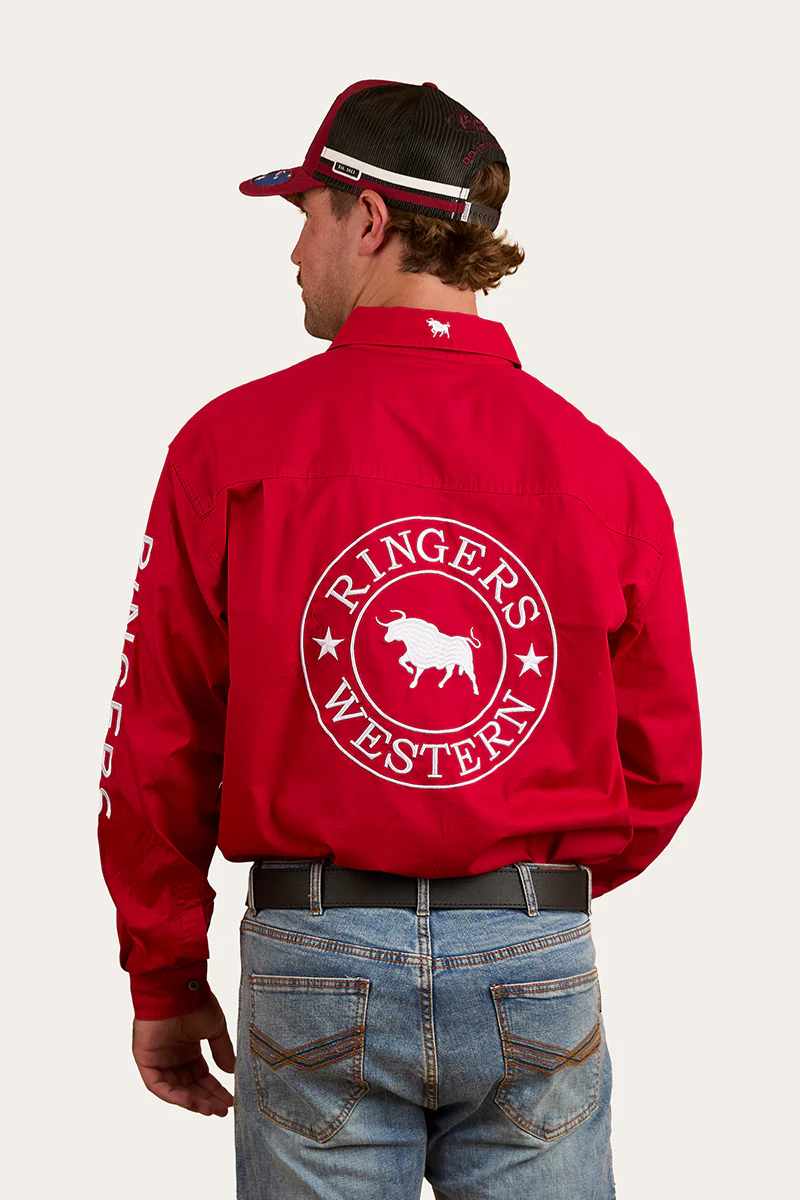 Hawkeye Mens Full Button Work Shirt - Red/White