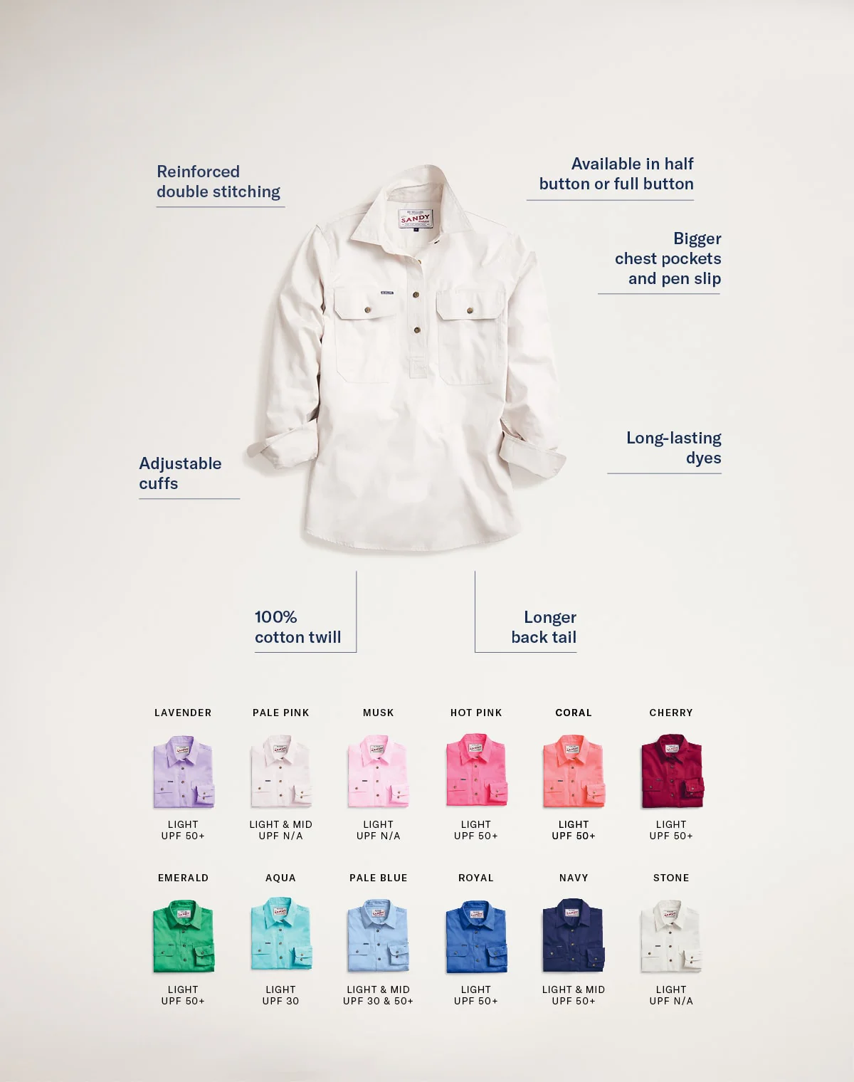 Sandy Workshirt - Half Button Long Sleeve Mid Weight