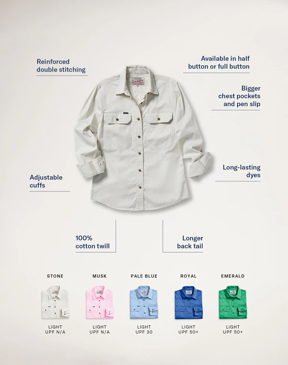 Sandy Workshirt - Full Button Long Sleeve Light Weight