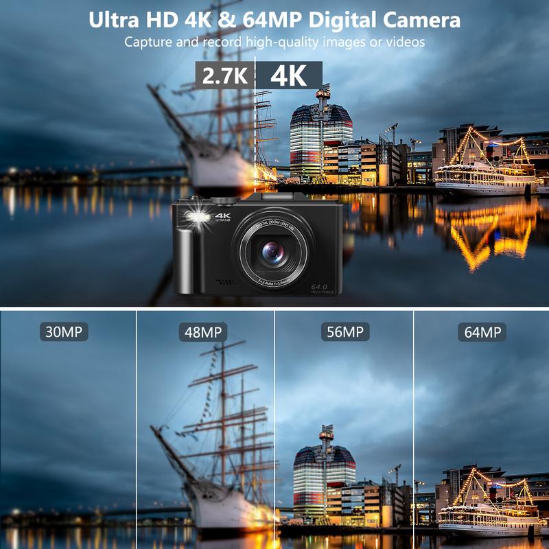 4K Digital Camera for Photography with 64MP, 3 Inch 180° Flip Screen, 18X Digital Zoom, 32GB Micro SD Card, 2 Batteries, Ideal for Beginners