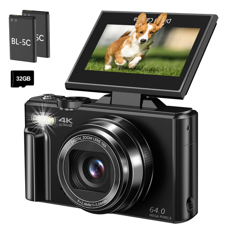 4K Digital Camera for Photography with 64MP, 3 Inch 180° Flip Screen, 18X Digital Zoom, 32GB Micro SD Card, 2 Batteries, Ideal for Beginners
