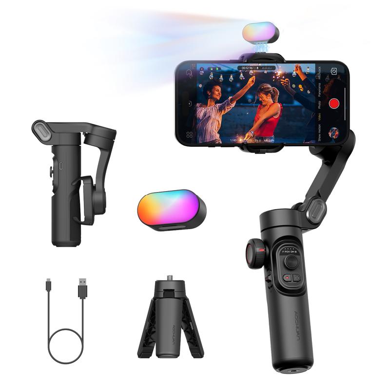 AOCHUAN 3-Axis Gimbal Stabilizer for Smartphone, Gimbal w/RGB Magnetic Fill Light Upgraded Face Tracking Focus Wheel Foldable iPhone Gimbal for iPhone/Android Phone gimbal Vlog Recording Smart XE