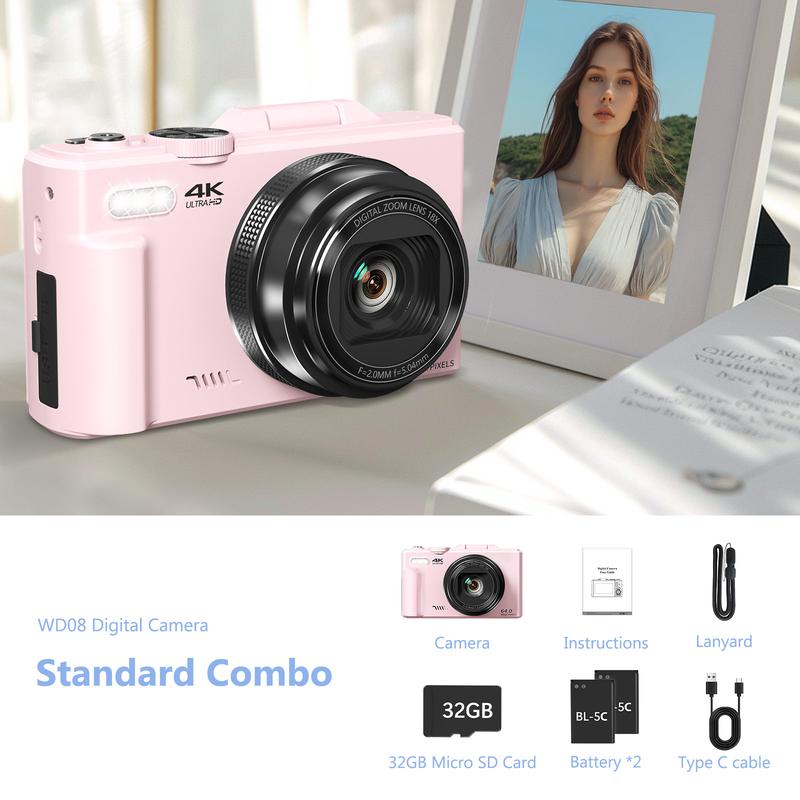 4K Digital Camera for Photography with 64MP, 3 Inch 180° Flip Screen, 18X Digital Zoom, 32GB Micro SD Card, 2 Batteries, Ideal for Beginners