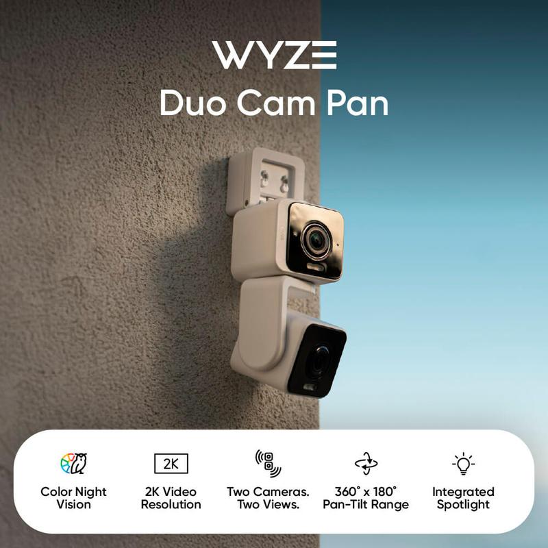 Wyze Duo Cam Pan — Wired 2K Dual Security Camera, Indoor/Outdoor, Pan Tilt Zoom (PTZ) w/ 360° Motion Tracking, Color Night Vision, 2 Camera Surveillance, Siren, Spotlight, 2-Way Audio, Works with Alexa & Google Assistant