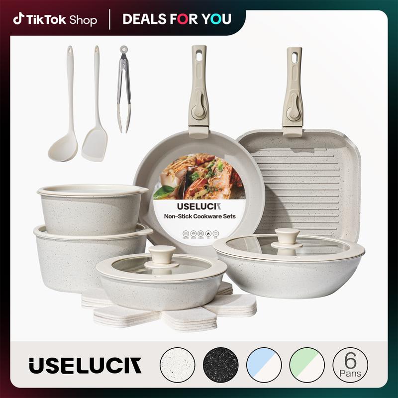 【Top Seller】USELUCK 20 Pcs Detachable Handle Non-Stick Cookware Set with Stackable Pots and Pans, Oven Safe, Healthy RV Set with Frying Induction Lids Kitchenware