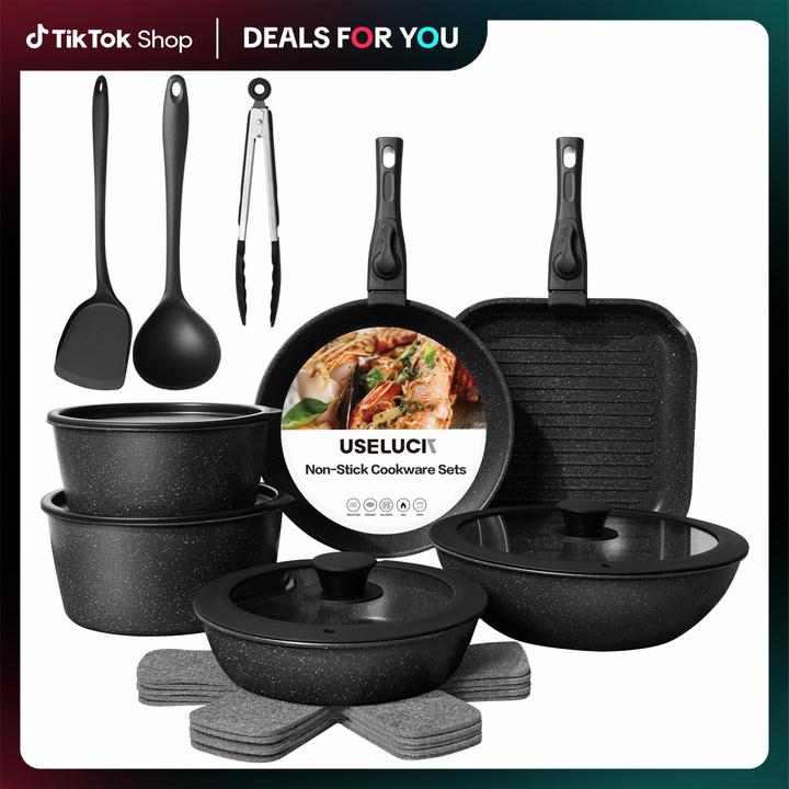 【Top Seller】USELUCK 20 Pcs Detachable Handle Non-Stick Cookware Set with Stackable Pots and Pans, Oven Safe, Healthy RV Set with Frying Induction Lids Kitchenware