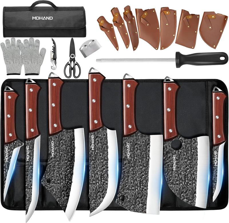 MDHAND 14pcs Chef Knife Set, Hand Forged High Carbon Steel,Includes Butcher,Meat Cleaver, Boning,and Viking Knives,with Knife Bag