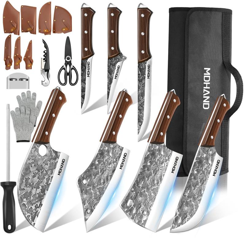 MDHAND 14pcs Chef Knife Set, Hand Forged High Carbon Steel,Includes Butcher,Meat Cleaver, Boning,and Viking Knives,with Knife Bag