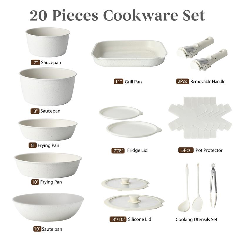 【Top Seller】USELUCK 20 Pcs Detachable Handle Non-Stick Cookware Set with Stackable Pots and Pans, Oven Safe, Healthy RV Set with Frying Induction Lids Kitchenware