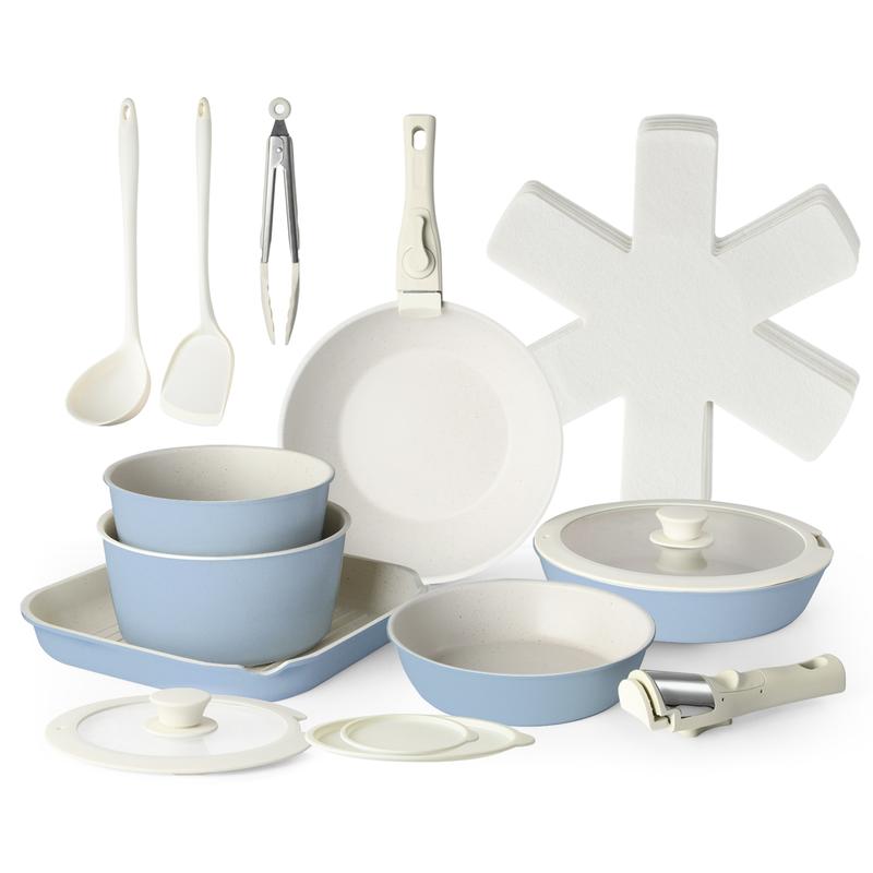 【Top Seller】USELUCK 20 Pcs Detachable Handle Non-Stick Cookware Set with Stackable Pots and Pans, Oven Safe, Healthy RV Set with Frying Induction Lids Kitchenware