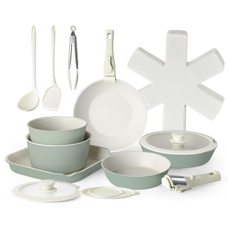 【Top Seller】USELUCK 20 Pcs Detachable Handle Non-Stick Cookware Set with Stackable Pots and Pans, Oven Safe, Healthy RV Set with Frying Induction Lids Kitchenware