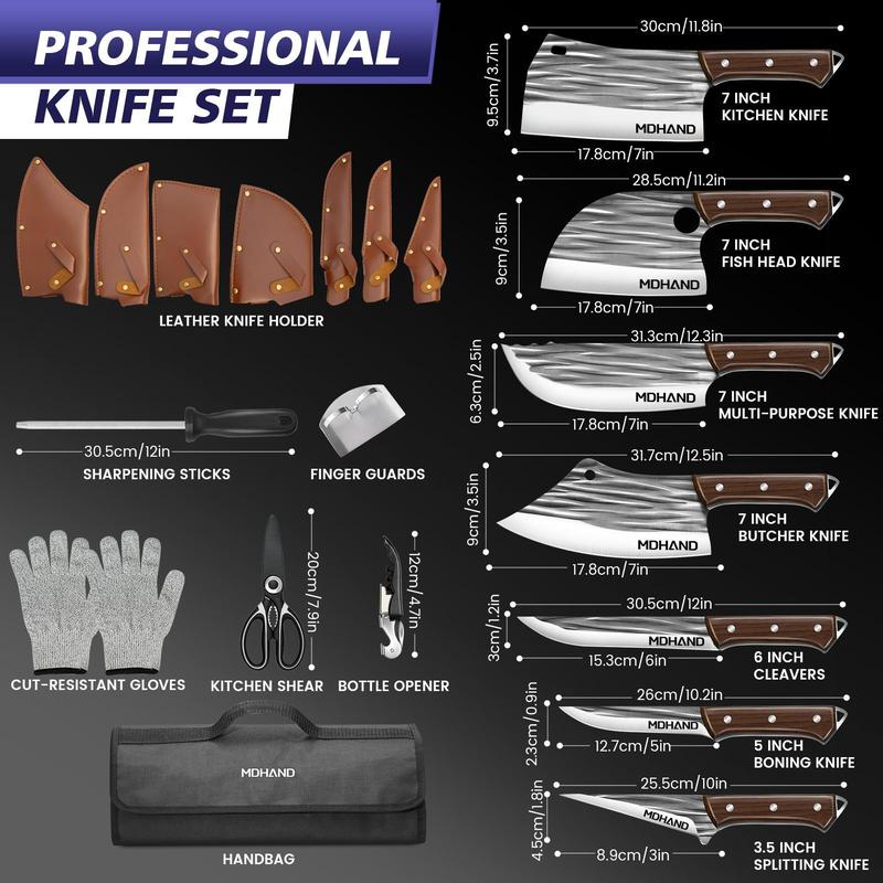 MDHAND 14pcs Chef Knife Set, Hand Forged High Carbon Steel,Includes Butcher,Meat Cleaver, Boning,and Viking Knives,with Knife Bag