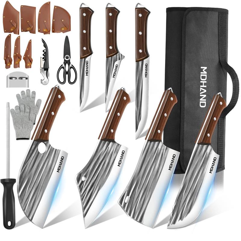MDHAND 14pcs Chef Knife Set, Hand Forged High Carbon Steel,Includes Butcher,Meat Cleaver, Boning,and Viking Knives,with Knife Bag